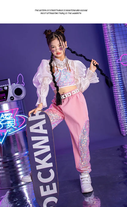 K-PoP-Ensemble de olympiques de danse jazz pour enfants, vêtements à paillettes, défilé de mode pour filles, tenues pour enfants, hip hop, hip hop