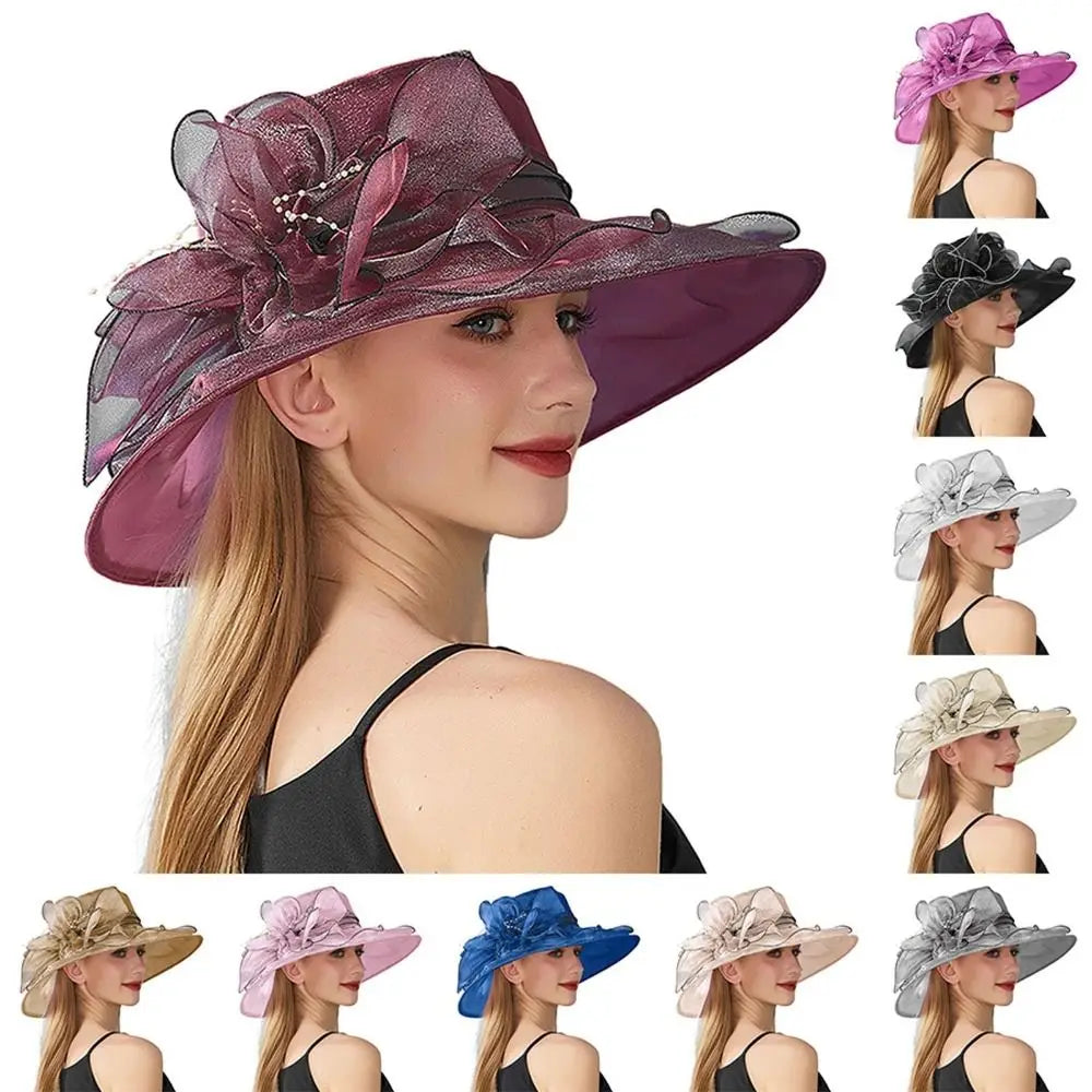 Chapeau Derby à fleurs de couleur unie pour femmes, en Organza à large bord, à volants, chapeau de soleil pliable, Protection UV, pour fête de thé, mariage
