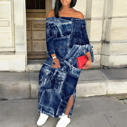 Robe en jean imprimé rétro, manches longues, coupe cintrée, élégante, décontractée, fente, col à une épaule