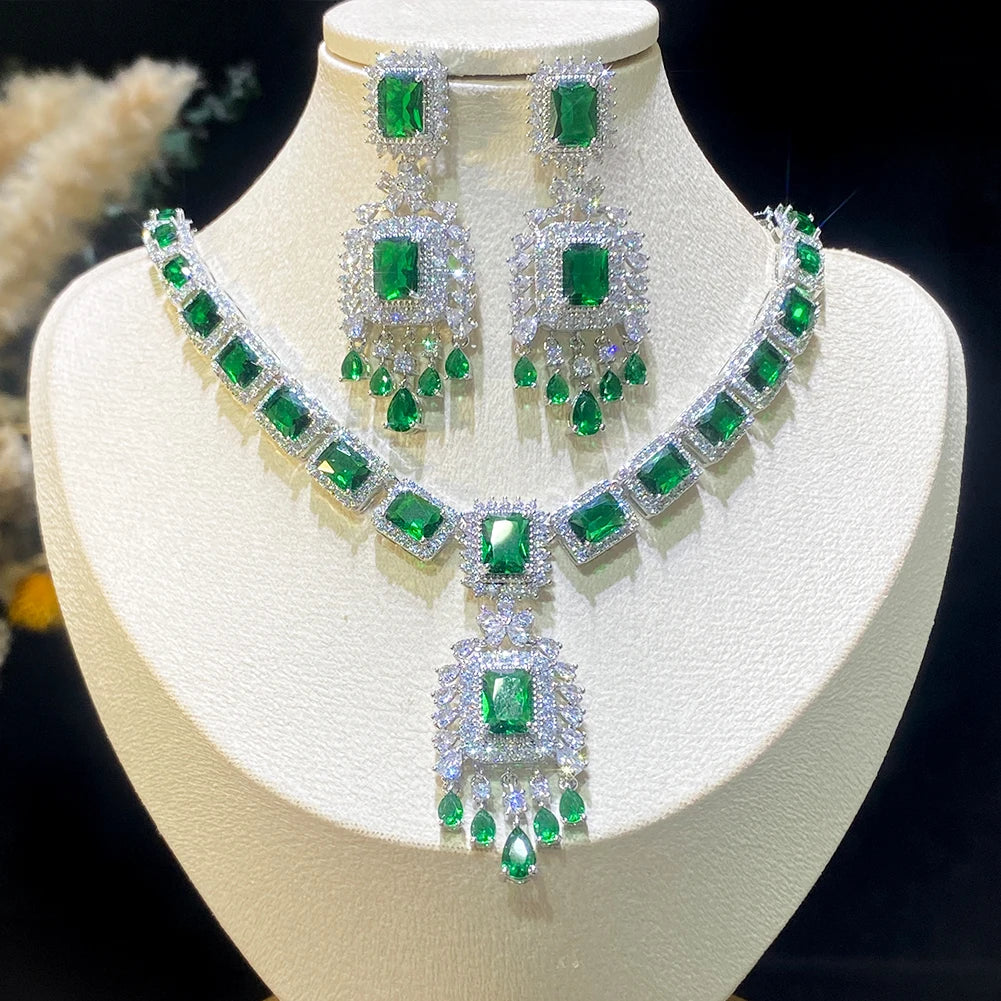 ASNORA nouveau luxe vert bleu rouge CZ pierre boucles d'oreilles collier 2 pièces grande longue goutte mariage robe de mariée ensemble de bijoux pour les femmes