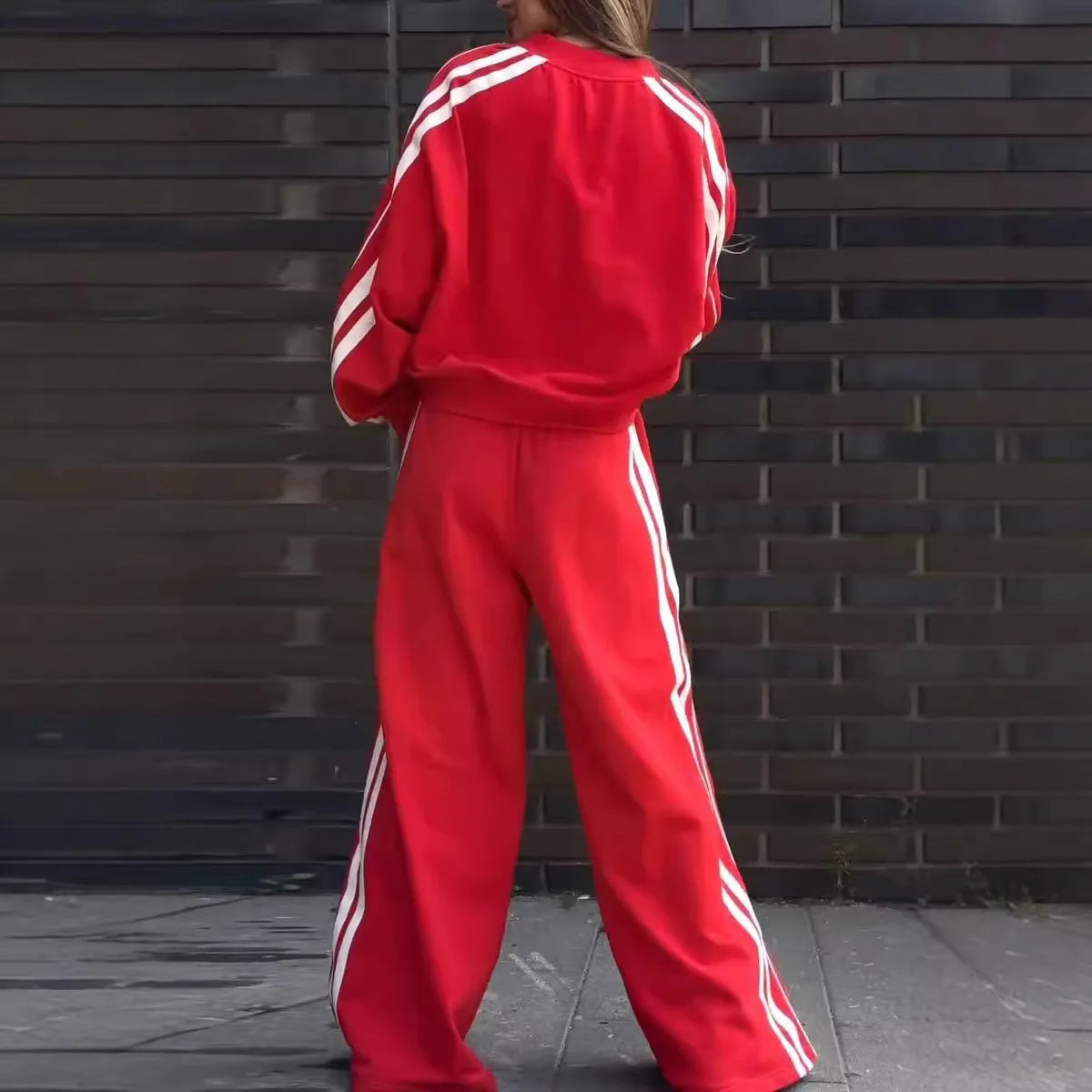 Ensemble 2 pièces pour femmes, haut court à manches longues, col en v + pantalon à jambes larges, avec poches bloquées de couleur, ample, nouvelle mode automne