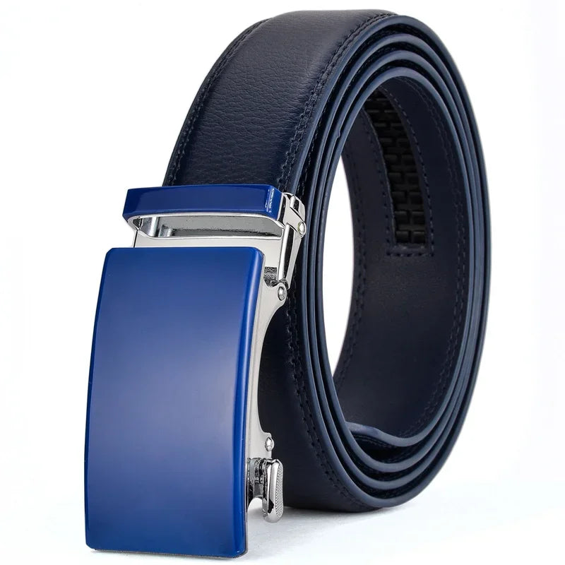 Plyesxale-Ceinture en cuir véritable pour homme, ceinture habillée à cliquet, haute qualité, automatique, bleu, rouge, marron clair, environnement B36