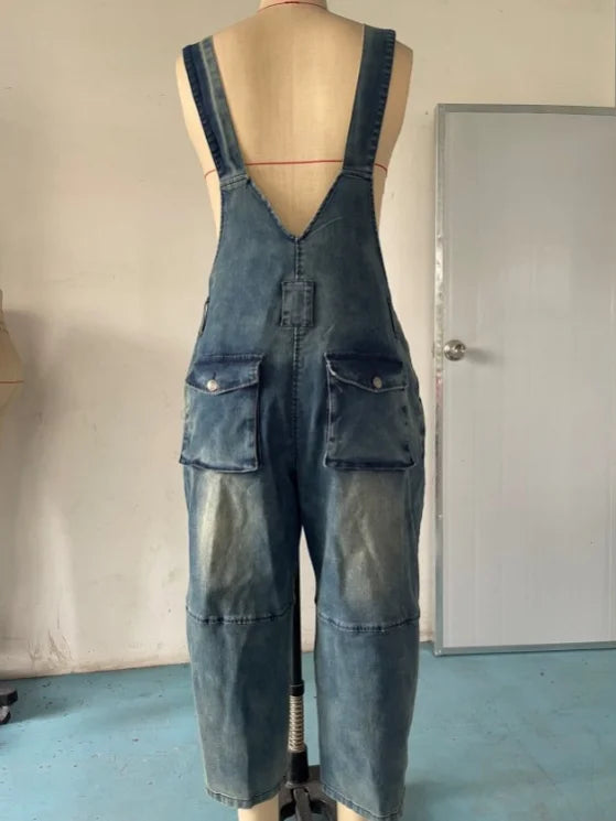 Combinaison en denim bleu pour femme, jambe large fendue, bouton de poche, bretelles fines, combinaison vintage, mode globale, 2025