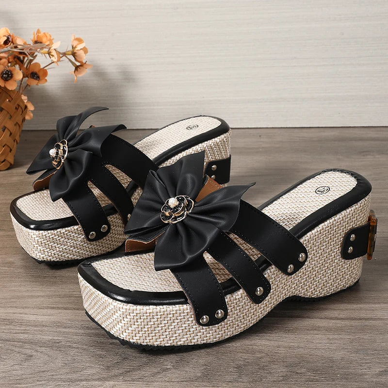 Pantoufles à plateforme épaisse avec nœud papillon pour femmes, Design à boucle, diapositives à fond épais, nouvelles sandales à talons compensés à bout carré