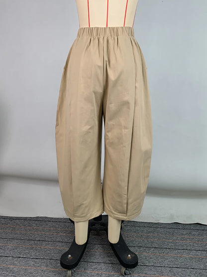 Beautyblue kaki femmes pantalon jambe large Capri pantalon été nouvelle mode poche ample taille élastique ample coton pantacourt