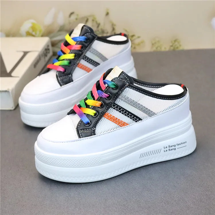 Pantoufles d'Été à Semelles Compensées pour Femmes, Chaussures Paresseuses en Maille Respirante pour Petits Pieds, Sandales à Plateforme Antidérapantes