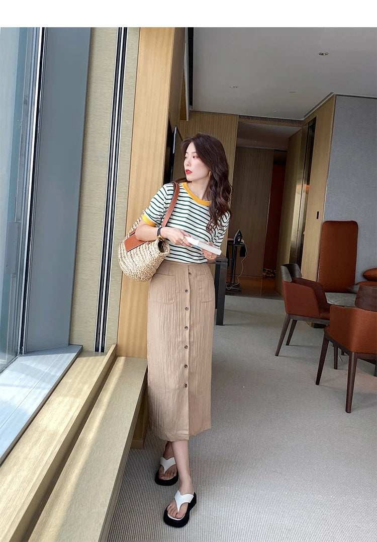 2025 hauts à rayures femmes tricoté col rond été imprimé à manches courtes décontracté Simple sauvage T-Shirt