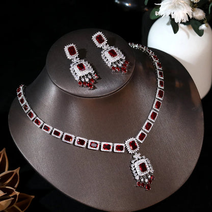 ASNORA nouveau luxe vert bleu rouge CZ pierre boucles d'oreilles collier 2 pièces grande longue goutte mariage robe de mariée ensemble de bijoux pour les femmes