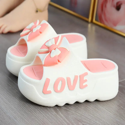 Feerldi nouveau 2025 blanc rose nœud papillon pantoufles femme haute plate-forme EVA diapositives sandales de créateur sabots de plage femmes ascenseur chaussure