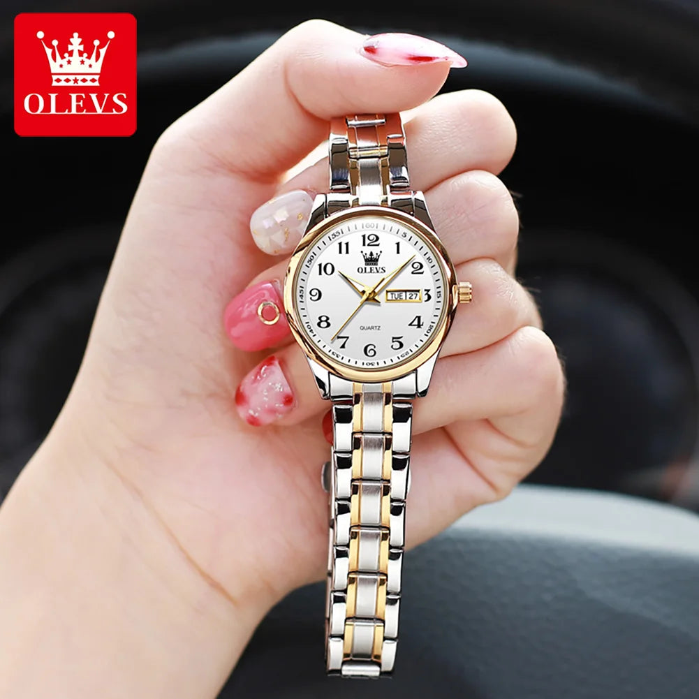 OLEVS montre à Quartz de luxe pour femmes montre élégante en acier inoxydable lumineux étanche semaine Date montre-bracelet dames robe montre