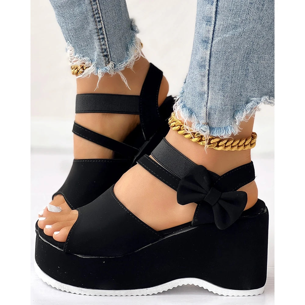 Peep Parker-Sandales à l'offre elles compensées avec nœud papillon pour femmes, sandales en daim, style coréen, printemps, automne, été, 03/Casual, 2024