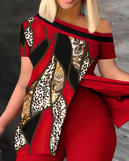 Ensemble deux pièces élégant pour femmes, nouvelle mode, imprimé, manches à volants, haut, pantalon de couleur unie, avec ceinture, chemisiers, vêtements féminins