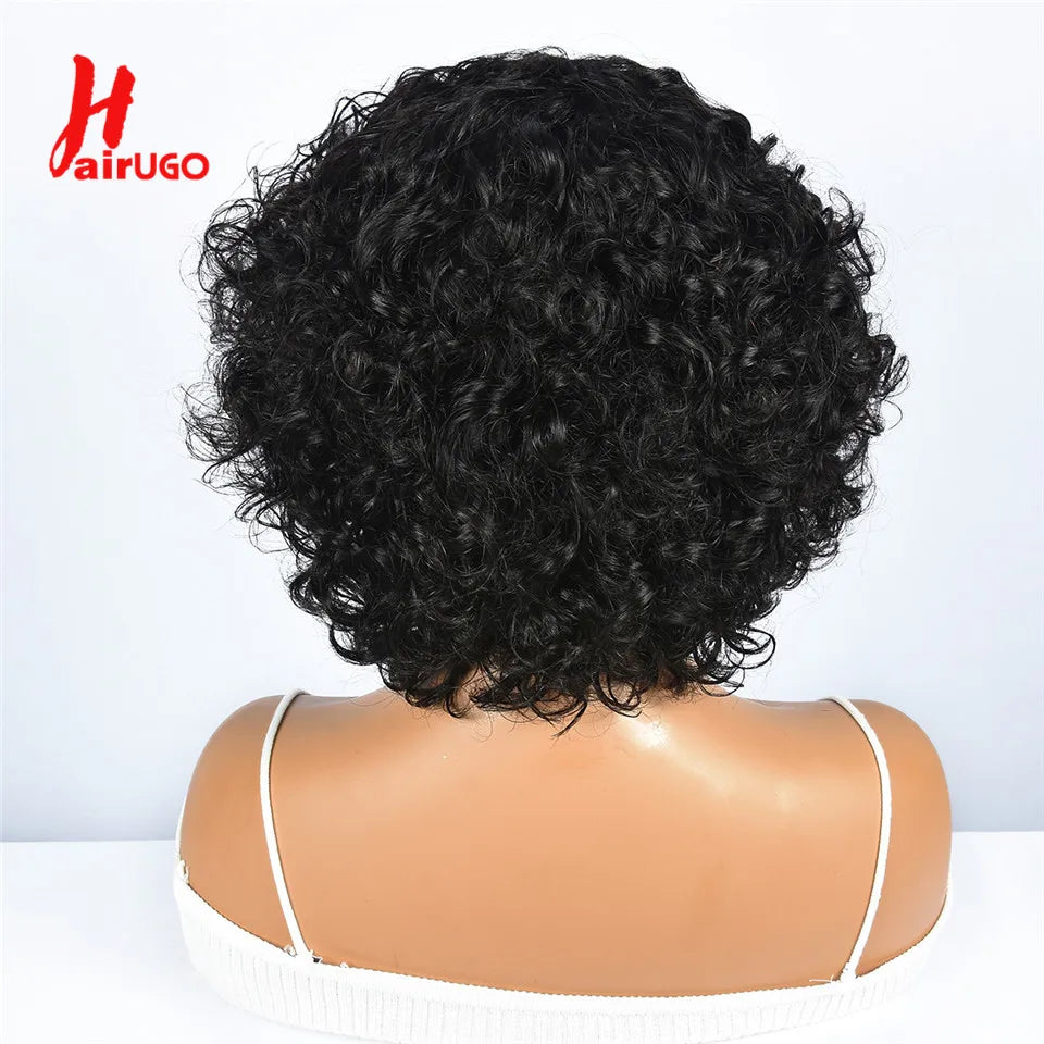 Hairugo-Perruque de Cheveux Humains Bouclés Coupe Pixie à Reflets, Sans Colle, avec Frange Entièrement Fabriquée à la Machine