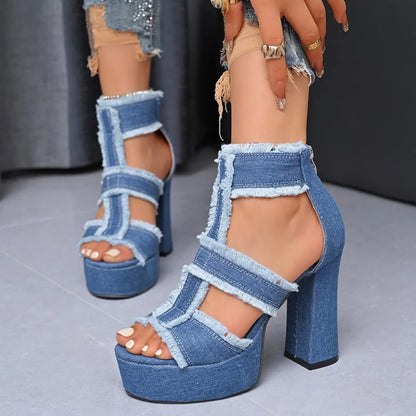 Sandales Peep Parker à talons hauts pour femmes, chaussures à plateforme, sangle de rinçage en denim bleu, mode extérieure sexy, été, nouveau