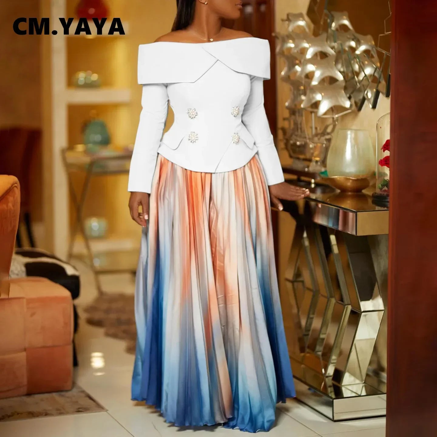 BS - Ensemble à manches longues et col slash pour femme, jupes longues plissées dégradées, ensemble de rue, tenues d'avocat africain, 2 pièces