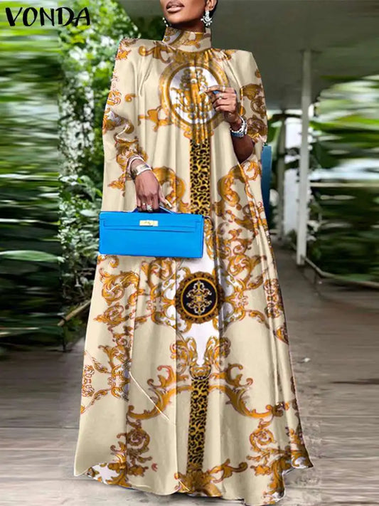 VONDA-Robe longue de soirée à manches chauve-souris, grande taille, col montant, imprimé bohème, 2023