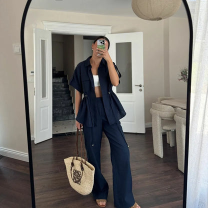 Ensemble deux pièces pour femmes, streetwear, décontracté, à la mode, pour les travailleuses, avec poche, collection été 2024