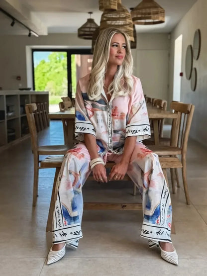 2 pièces ensemble pour femme été nouveau élégant imprimé demi manches chemise hauts costumes à la mode décontracté ample jambe large pantalons ensembles