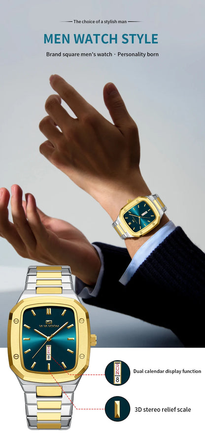 2024 Nouveaux hommes montre mode carré bracelet en acier inoxydable bleu or 3Bar Quartz semaine calendrier simulé affaires sport montre-bracelet