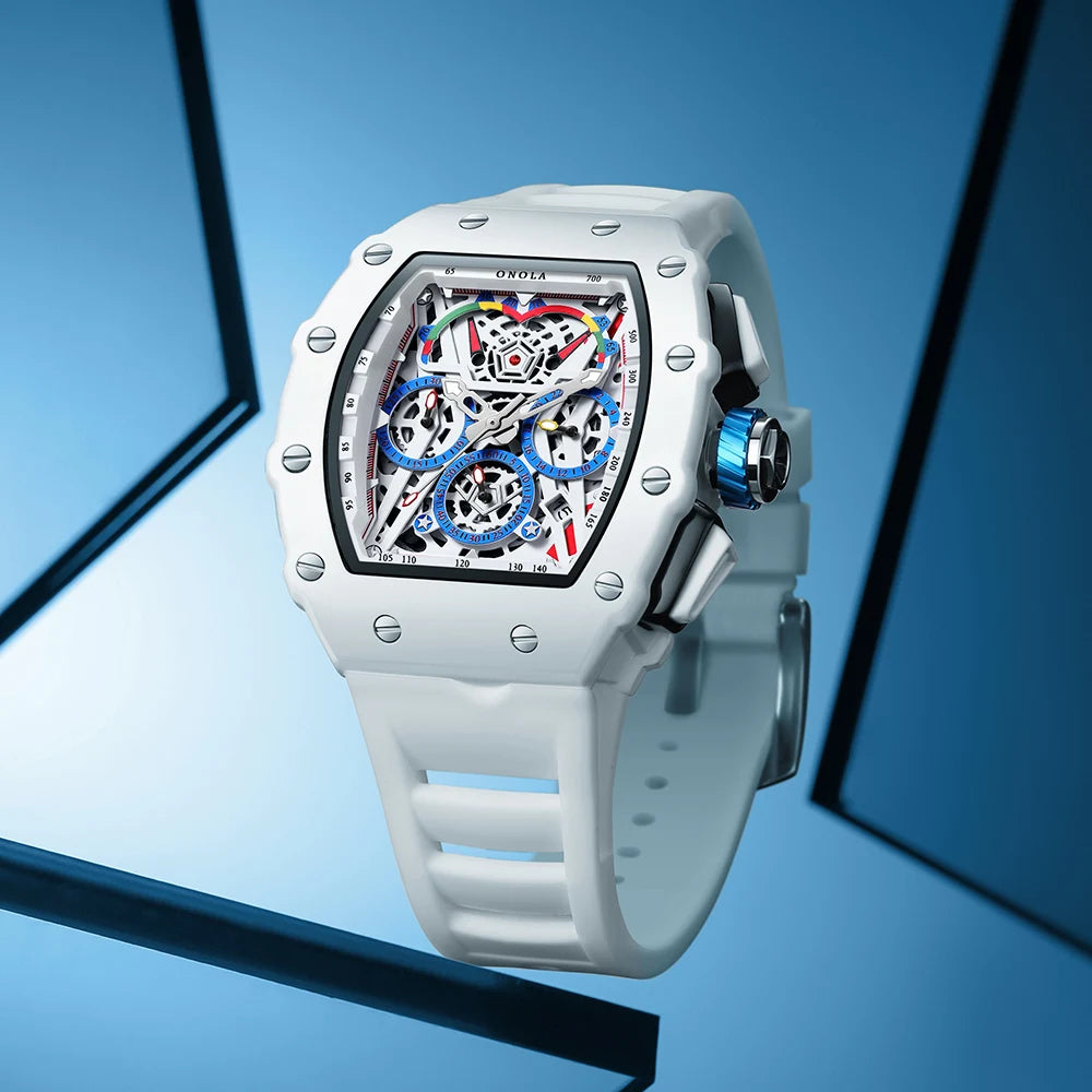 ONOLA-Montre Tonneau Étanche pour Homme, Chronographe, Quartz, dehors, Bracelet Silicone, Montre-Bracelet Blanche, Luxe, Nouvelle Mode, 2024