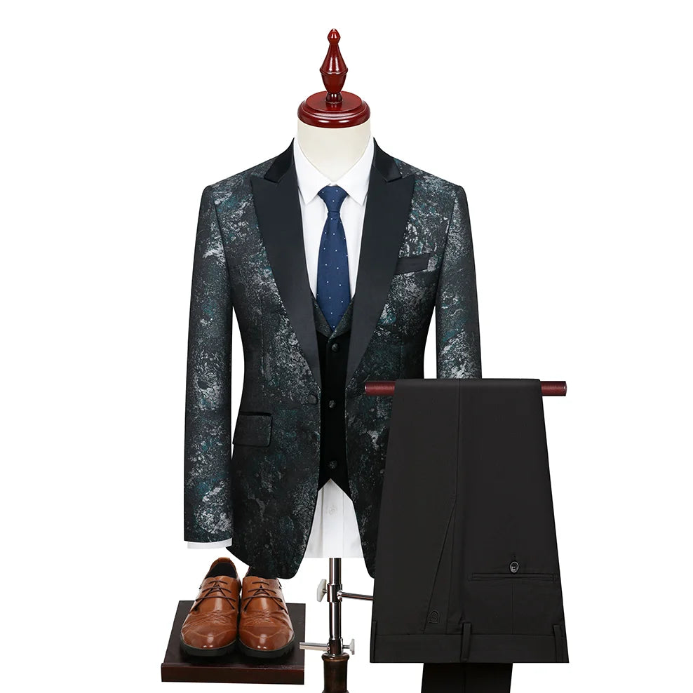 Costume vert 3 pièces pour hommes, veste de robe de soirée de mariage avec gilet et pantalon, ensembles Slim à la mode pour hommes, tissu Jacquard Beige, noir, bleu