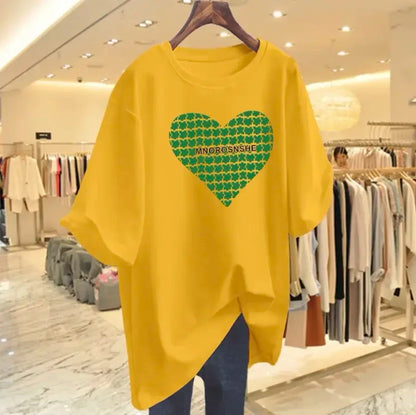 T-shirt à manches courtes en coton imprimé Love pour femmes, t-shirts basiques décontractés à col rond, pulls Lady At, été