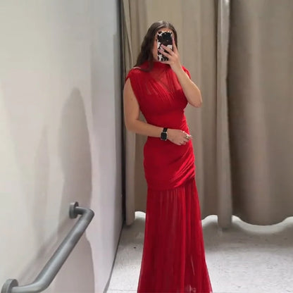 Robe longue de soirée plissée rouge Chic, élégante, manches volantes, maille, Patchwork, Maxi, vacances d'été, plage