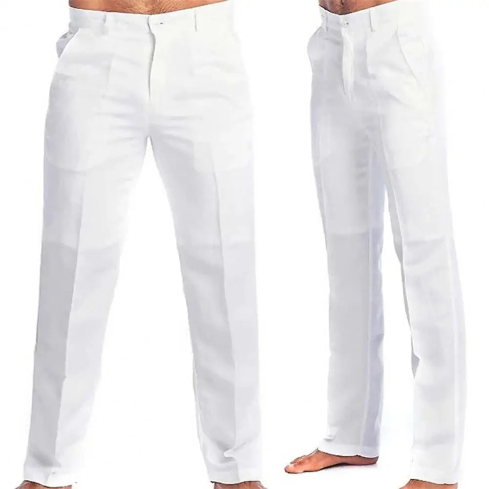 Pantalon en coton et lin pour hommes, Long, décontracté, élégant, taille moyenne, couleur unie, Slim Fit, fermeture éclair, bouton volant