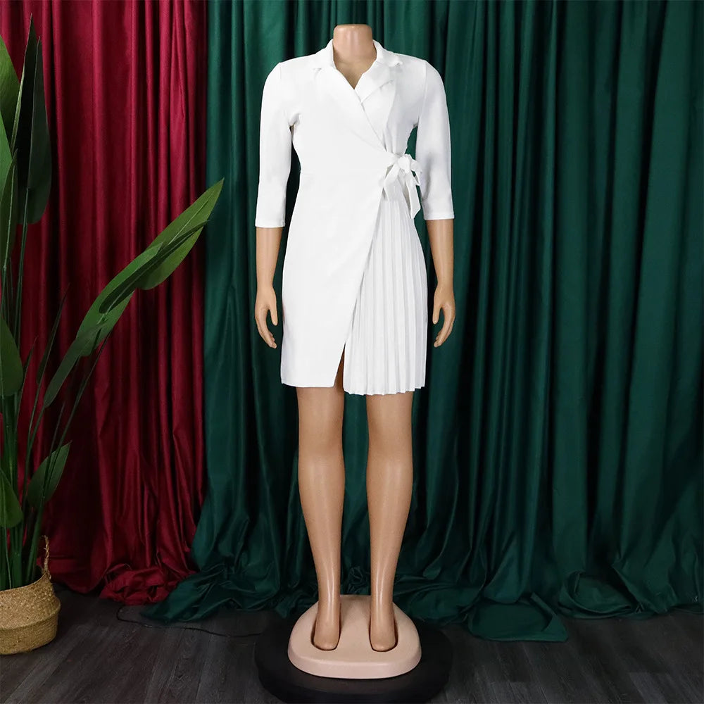 Robe plissée pour femmes, grande taille, col plissé, style blazer, bureau, vintage, sexy, ceinture, fête, serrée, courbée, courte