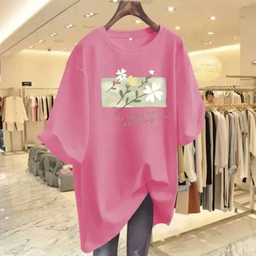 T-shirt manches courtes col rond femme, pur coton, imprimé floral, basique, décontracté, à la mode, été, chic, 45-105 noix