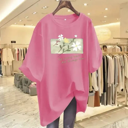 T-shirt manches courtes col rond femme, pur coton, imprimé floral, basique, décontracté, à la mode, été, chic, 45-105 noix