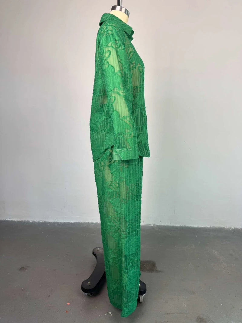 Ensemble élégant pour femmes, chemise à manches longues et pantalon droit à jambes larges, Perspective brodée, ensemble 2 pièces, survêtement, 2025 OL