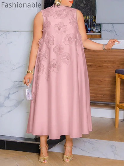 Robe de soirée décontractée pour femmes, couleur unie, col rond, sans manches, décor floral, grande balançoire