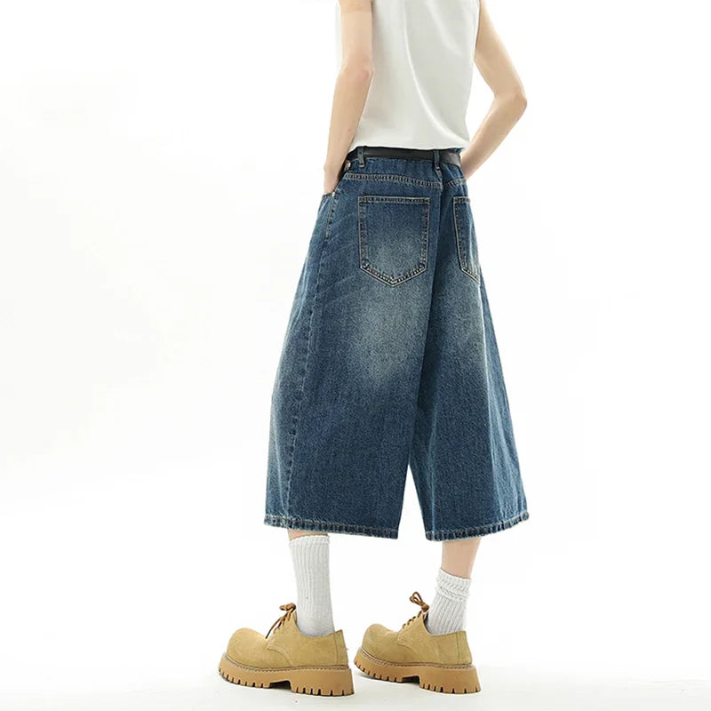 Short en Denim Baggy pour hommes, mode rétro décontractée, ample, jambes larges, longueur mollet, Streetwear Y2K, Style coréen