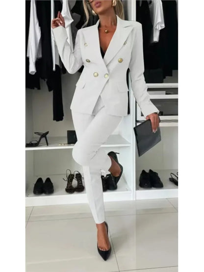 Mode Double boutonnage à manches longues costume ensemble femmes nouveau automne hiver coupe ajustée petite jambe pantalons longs femme bureau 2 pièces ensemble