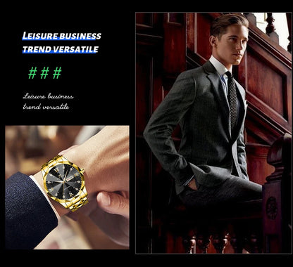 Montre de luxe en acier inoxydable pour homme, diamant, eau, lueur nocturne, double calendrier, mouvement à quartz, bleu, or, mode, affaires, 41mm