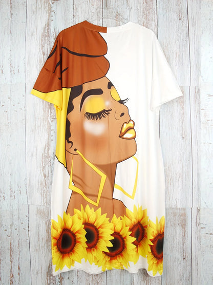 Femmes africaines robe grande taille décontracté col en v à manches courtes bohème 3D dames visage Portrait fleurs imprimer robe soirée nouveau