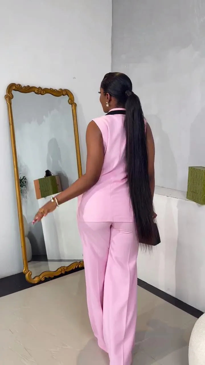 BS -  mode femmes ensemble rayé Patchwork sans manches débardeur Blazer haut et pantalon à jambes larges costume 2025 deux 2 pièces ensembles tenues