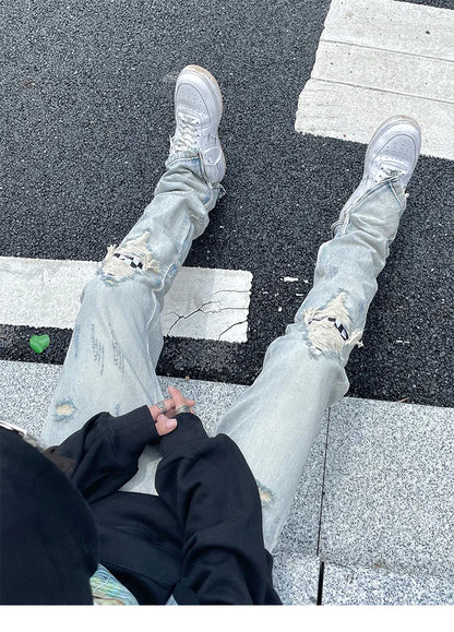 Jean à jambes larges pour homme et femme, streetwear, décontracté, déchiré, troué