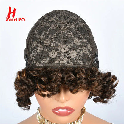 Hairugo-Perruque de Cheveux Humains Bouclés Coupe Pixie à Reflets, Sans Colle, avec Frange Entièrement Fabriquée à la Machine