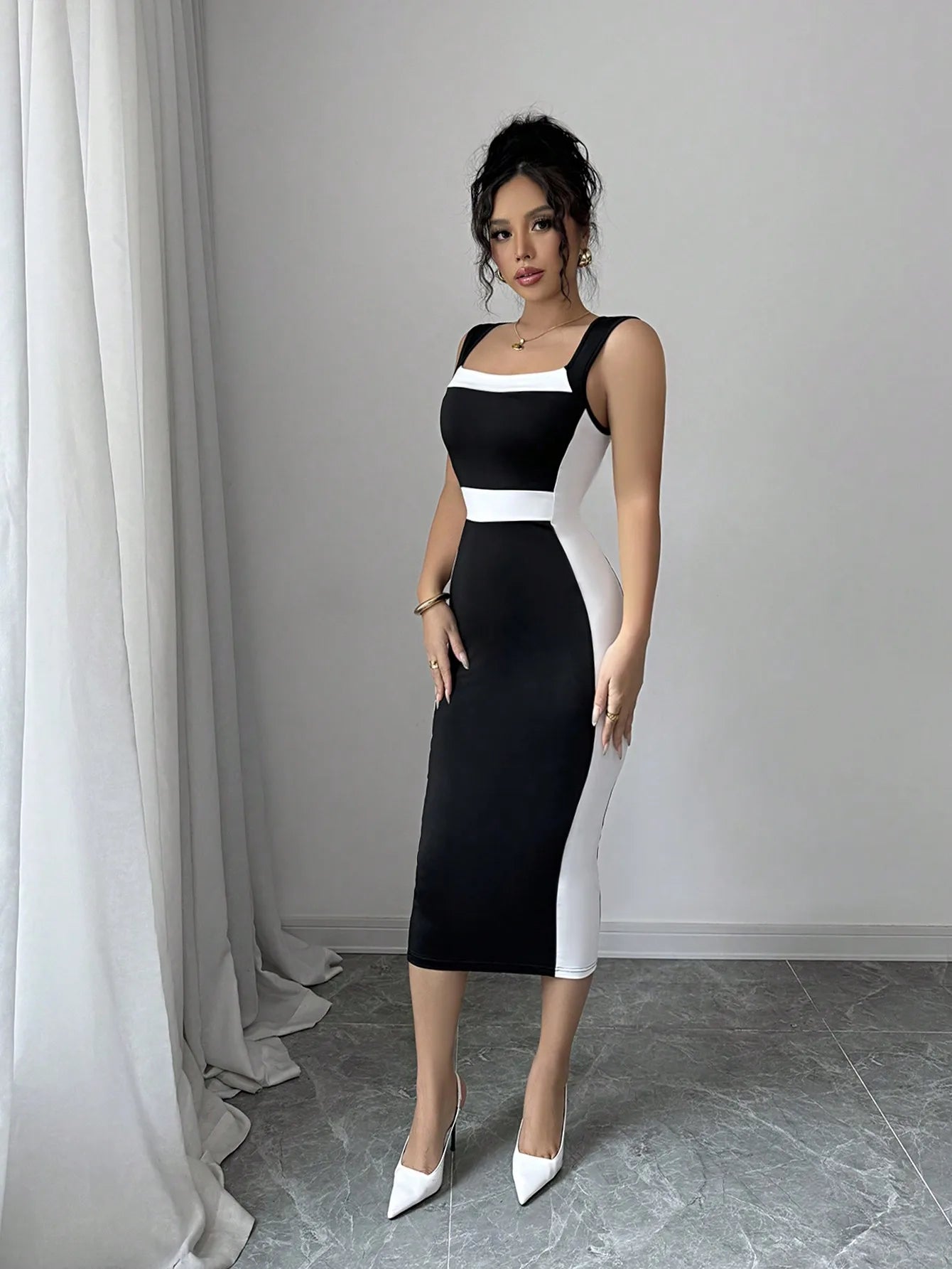 Dame Sexy solide Patchwork moulante longue robe femmes col carré sangle Club robe dame été soirée robe serrée Clubwear