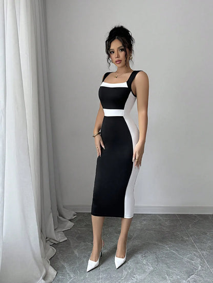 Dame Sexy solide Patchwork moulante longue robe femmes col carré sangle Club robe dame été soirée robe serrée Clubwear