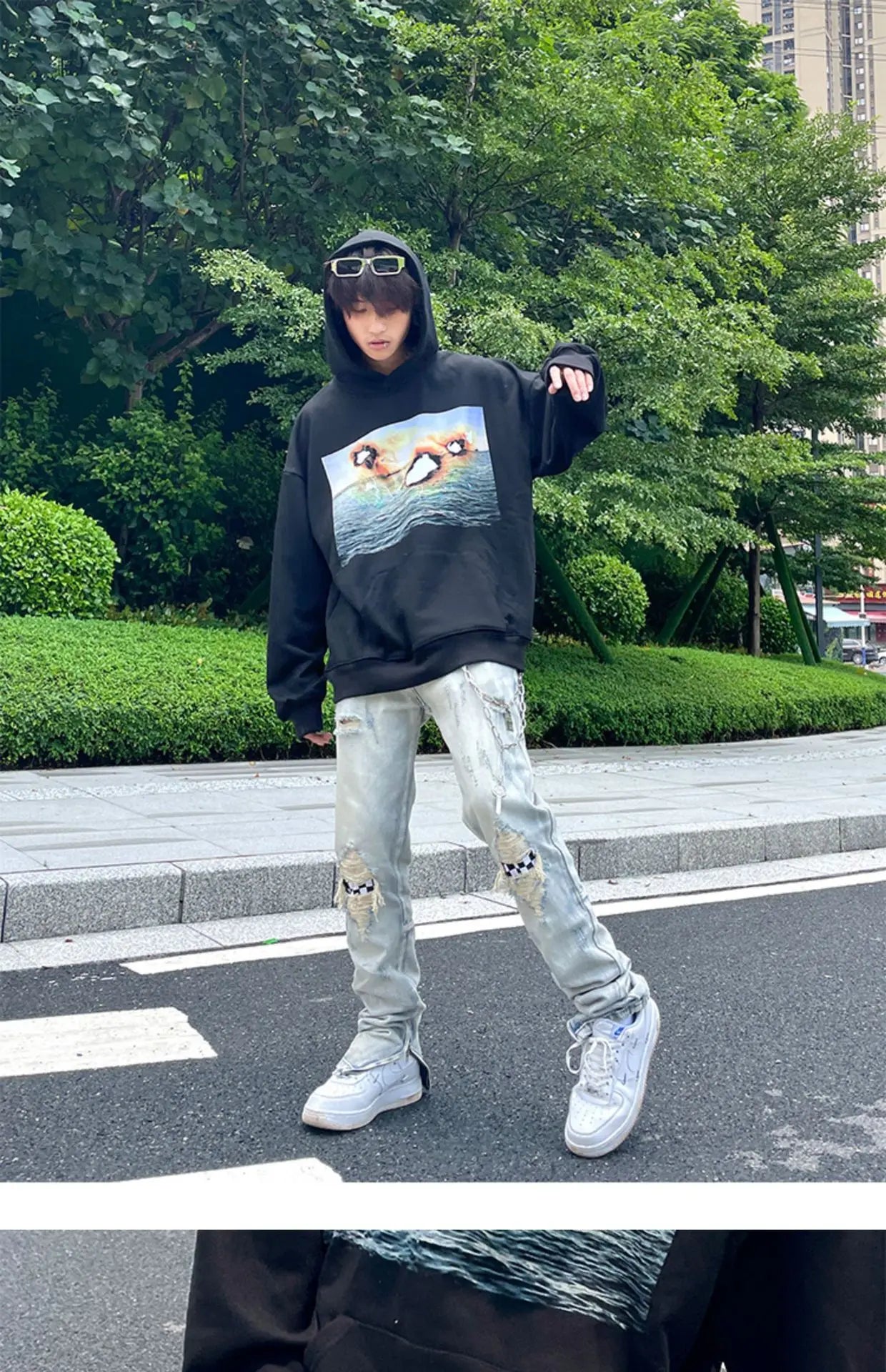 Jean à jambes larges pour homme et femme, streetwear, décontracté, déchiré, troué