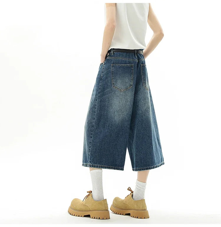 Short en Denim Baggy pour hommes, mode rétro décontractée, ample, jambes larges, longueur mollet, Streetwear Y2K, Style coréen