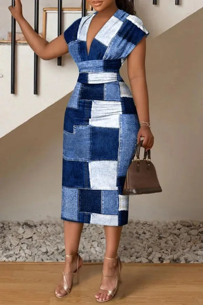 Robe de bureau bleue sexy à col en V pour femmes, robes à carreaux élégantes pour femmes, mode printemps et été, 2023