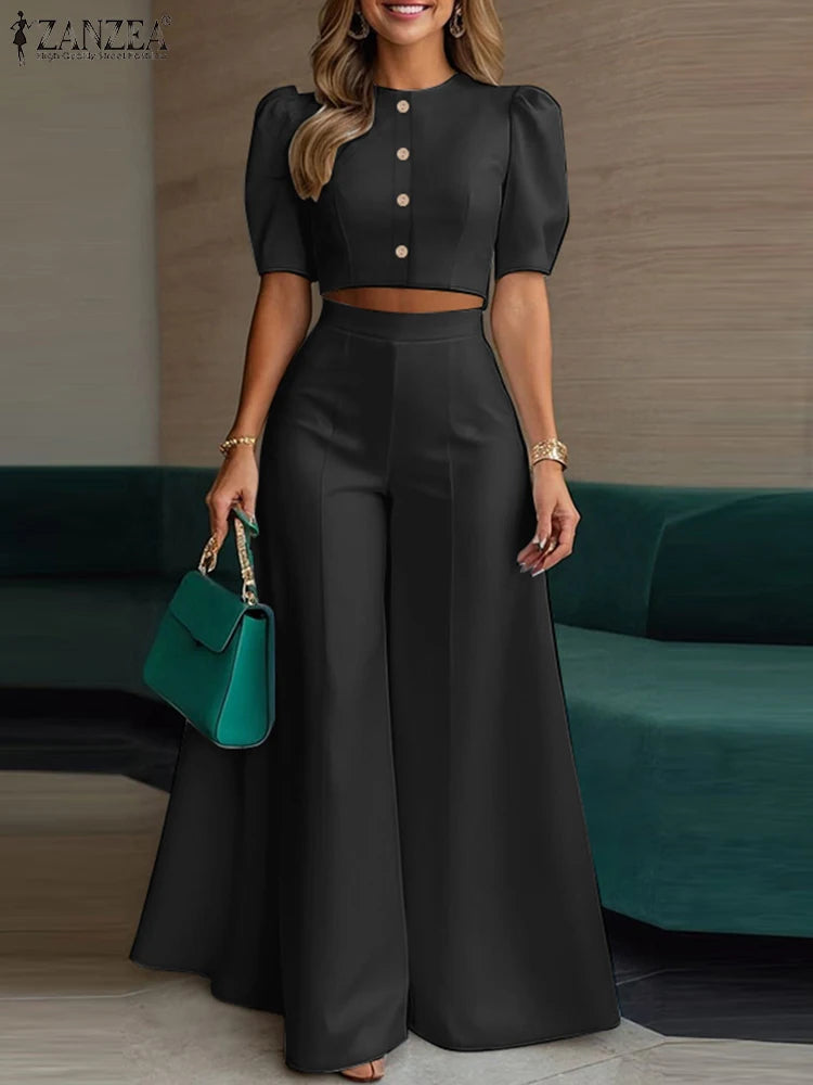 BS -  rue mode femme 2 pièces ensembles élégant manches courtes bouffantes haut court pantalon à jambes larges 2 pièces tenue élégant bureau pantalon ensembles