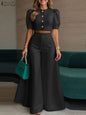 BS -  rue mode femme 2 pièces ensembles élégant manches courtes bouffantes haut court pantalon à jambes larges 2 pièces tenue élégant bureau pantalon ensembles