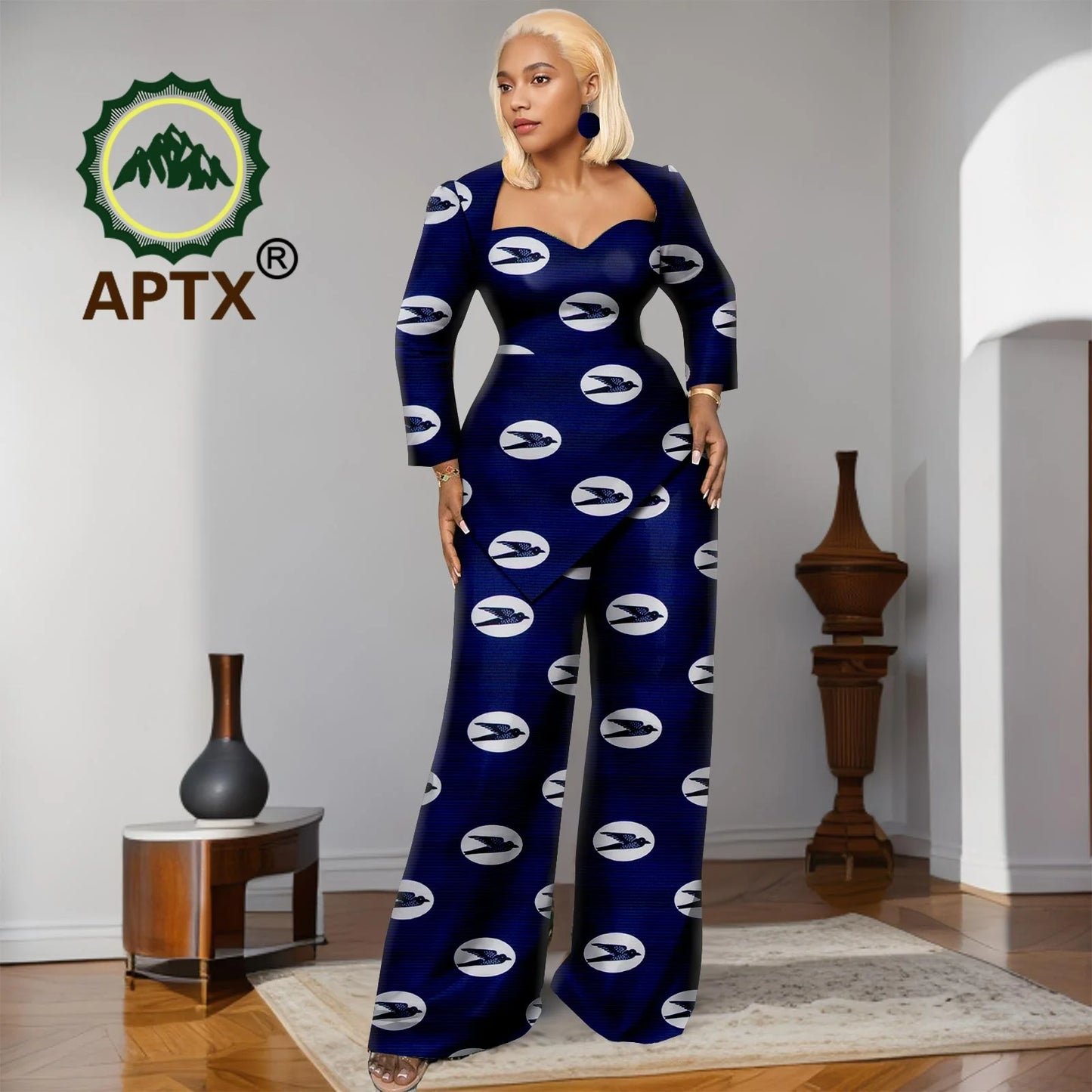 Ensemble deux pièces imprimé africain Ankara pour femmes, haut à manches neuf quarts et pantalon longueur au sol, ensemble décontracté Dashiki avec boucles d'oreilles