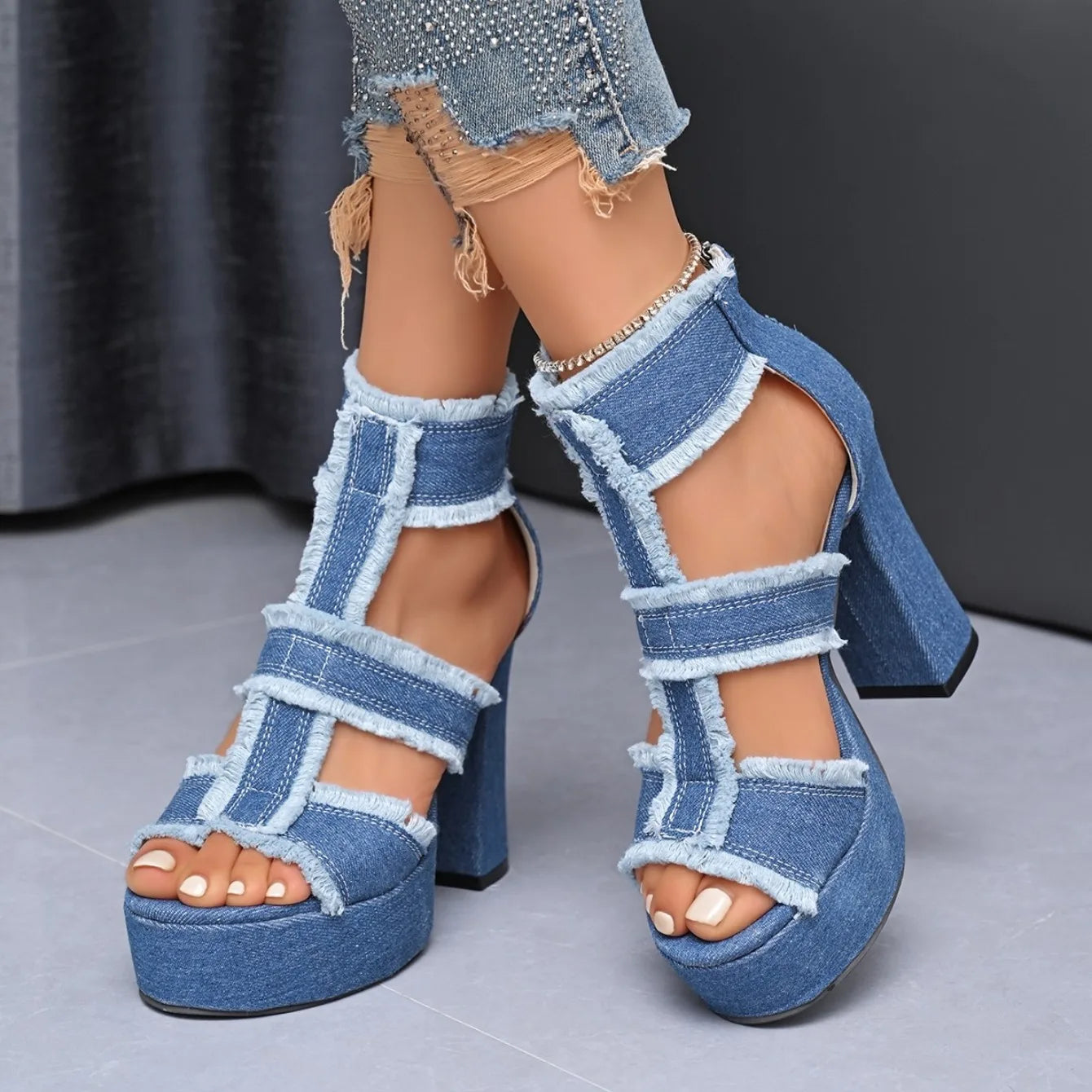 Sandales Peep Parker à talons hauts pour femmes, chaussures à plateforme, sangle de rinçage en denim bleu, mode extérieure sexy, été, nouveau