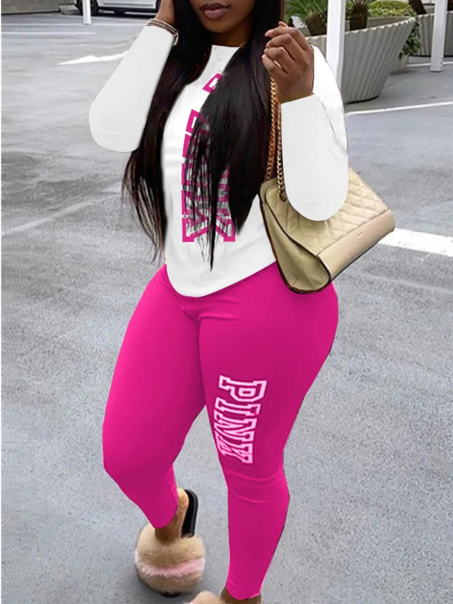 LW-Ensemble de survêtement décontracté pour femme, sweats à capuche à manches longues, pantalon imprimé lettre rose, mode automne et hiver, 2 pièces